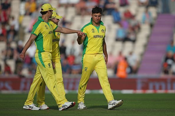 Marcus Stoinis(R) is praised by team-mates after his impressive death bowling show against England in the warm-up game.