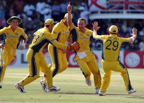 Australian bowler Andy Bichel celebrates