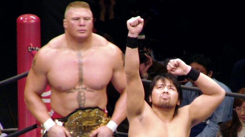 Lesnar, seen here with a young Shinsuke Nakamura, competed in New Japan after his NFL career floundered.