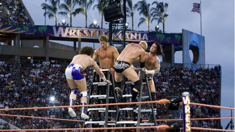 Chris Jericho, Carlito, CM Punk, and Ken Kennedy battle for the briefcase atop shaky steel ladders.