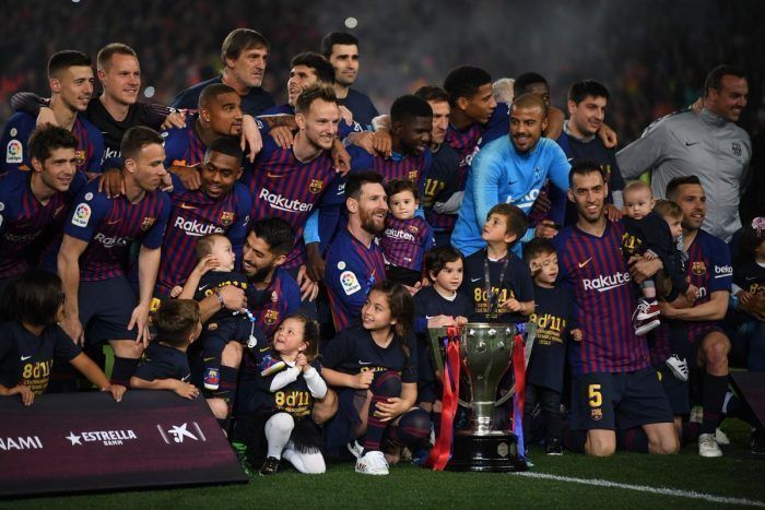 Barcelona players celebrating the league title