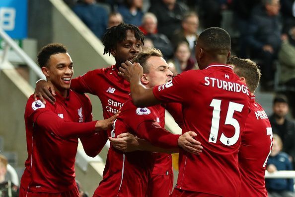 Liverpool players celebrate during their recent 3-2 away Premier League win over Newcastle