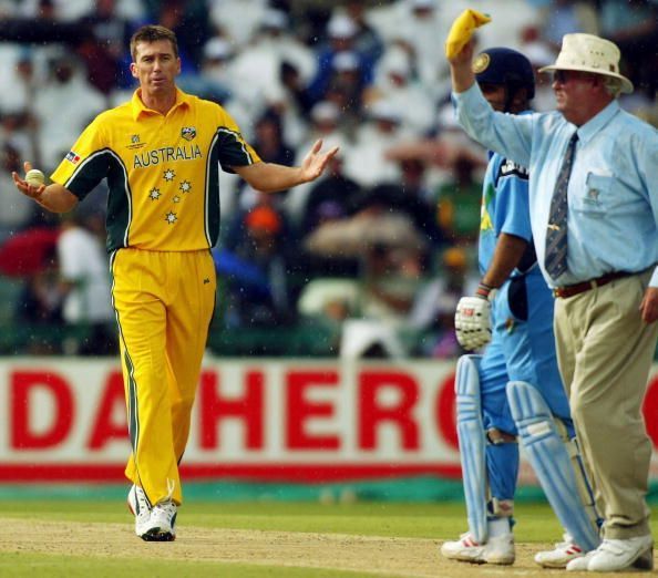 Glenn McGrath of Australia protest to umpire David Shepherd