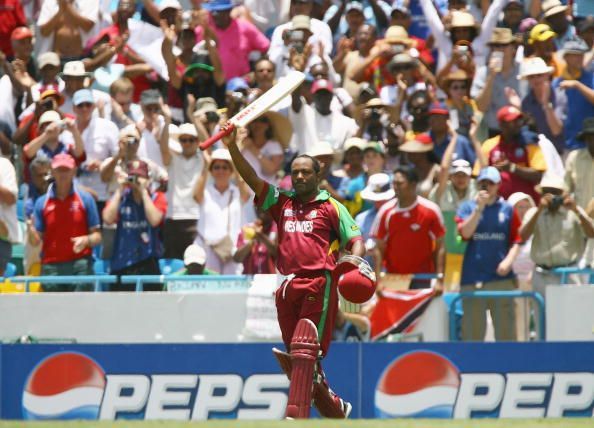 Brian Lara celebrates his century during the 2007 World Cup