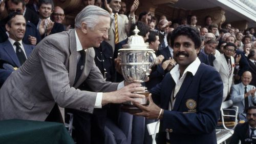 Kapil Dev with the World Cup trophy at Lords in 1983.