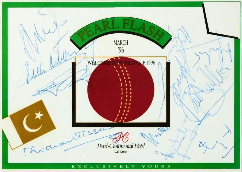 Autographs of ex-Sri Lankan cricketers Michael Tissera, Sidath Wettimuny, Anura Tennekoon, Ranjit Fernando and Duleep Mendis, and World Cup winners Arjuna Ranatunga, Aravinda de Silva, Sanath Jayasuriya, Chaminda Vaas, Muttiah Muralidaran and Hashan Tillakaratne on the specially printed World Cup leaflet from the host hotel in Lahore, Pakistan. (Â© Ranjan Mellawa)