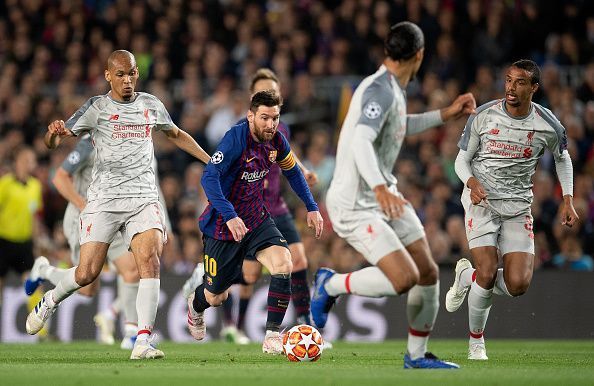 Barcelona&#039;s Lionel Messi in action against Liverpool during the Champions League Semi-Final First Leg