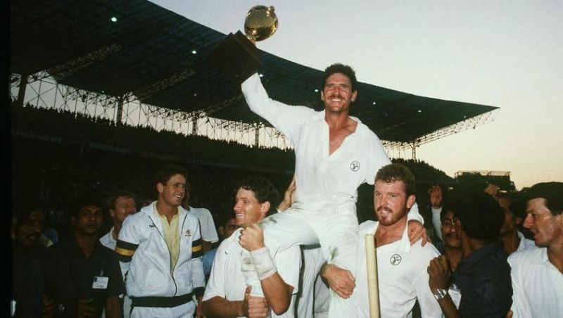 Allan Border celebrates after lifting his maiden World Cup trophy