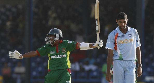 Mushfiqur Rahim celebrates Bangladesh's win over India in the 2007 World Cup