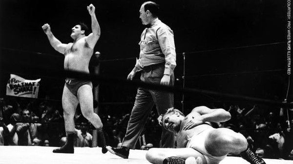 A triumphant Bruno Sammartino stands over the fallen Buddy Rogers