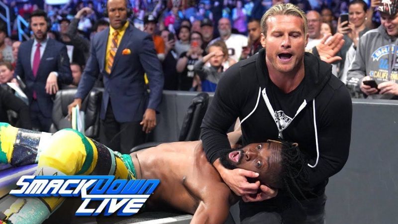 Dolph Ziggler attacking Kofi Kingston