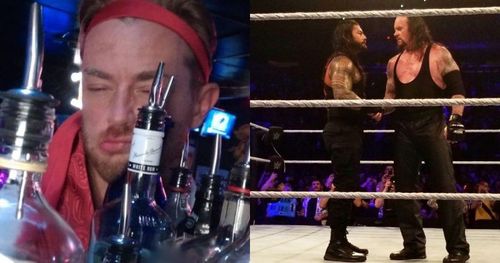 Drake Maverick at his wedding (L), Reigns and Undertaker after their tag team match at last year's MSG show (R)