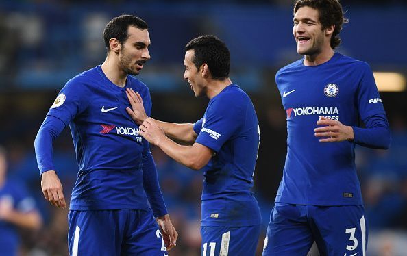 Chelsea players- Davide Zappacosta (left), Pedro (middle) and Marcos Alonso (right)