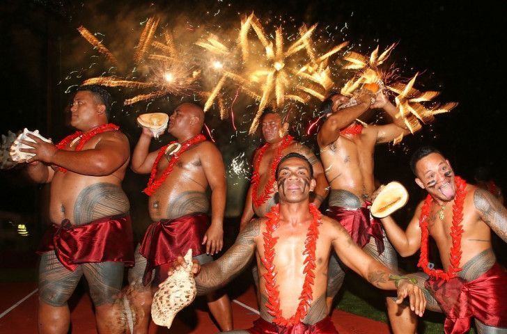 Samoan tribesmen performing a traditional dance.