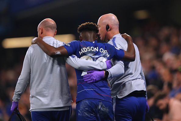 Callum Hudson-Odoi is helped off the ground after rupturing his Achilles against Burnley