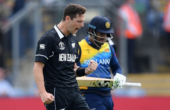 Matt Henry celebrates the fall of Sri Lankan skipper Karunaratne's wicket