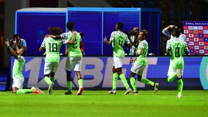 Nigeria celebrates their solitary goal against Guinea.