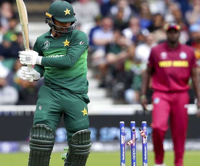 Fakhar Zaman left undone by a bumper from Andre Russell.