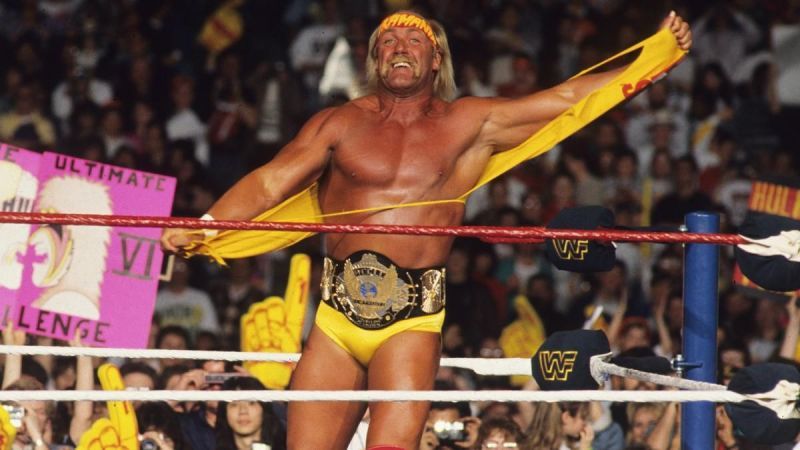 Hulk Hogan with the classic &#039;eagle&#039; world title belt.