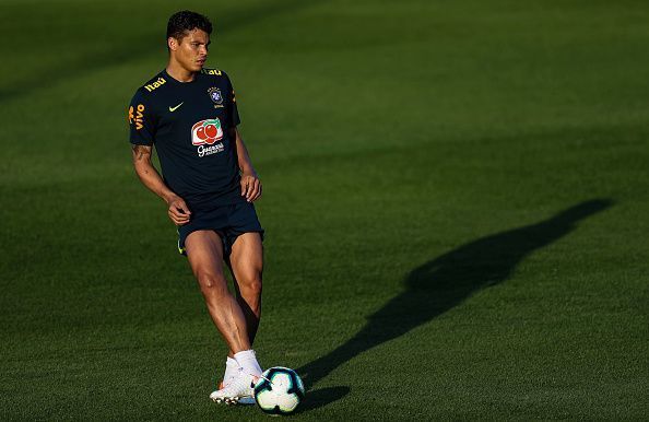 Thiago Silva, 34, pictured in training with Brazil ahead of this summer&#039;s Copa America tournament