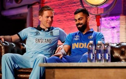 Eoin Morgan having a candid conversation with Virat Kohli