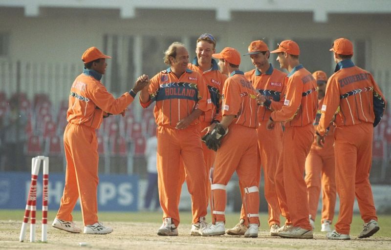 Nolan Clarke (2nd from right) is the oldest man to play in the Cricket World Cup