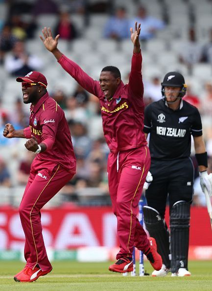 Sheldon Cottrell celebrates a wicket against New Zealand