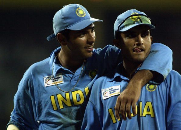 Yuvraj Singh and Sourav Ganguly of India celebrate victory in the 2002 edition of Champions trophy
