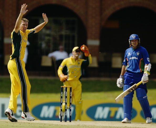 Glenn McGrath of Australia claims the wicket of Morne Karg of Namibia