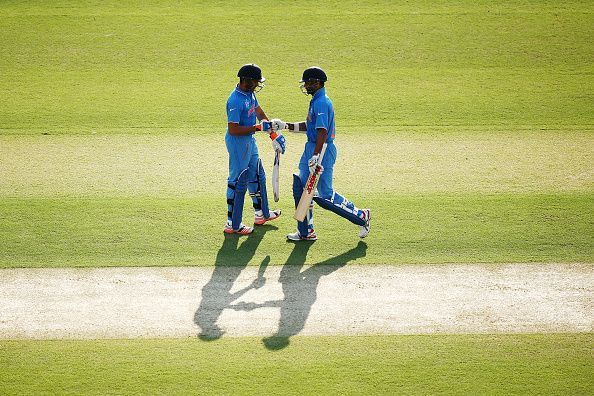 Dhawan and Rohit in action during the warm-up game