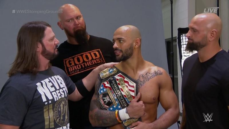 AJ Styles with Gallows and Anderson following Ricochet's victory over Samoa Joe for the United States title