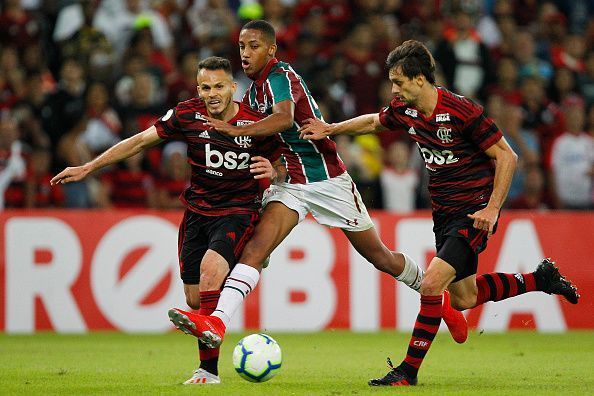Jo&Atilde;&pound;o Pedro, at just 17 is fearless in front of goal- here causing havoc along the Flamengo defence