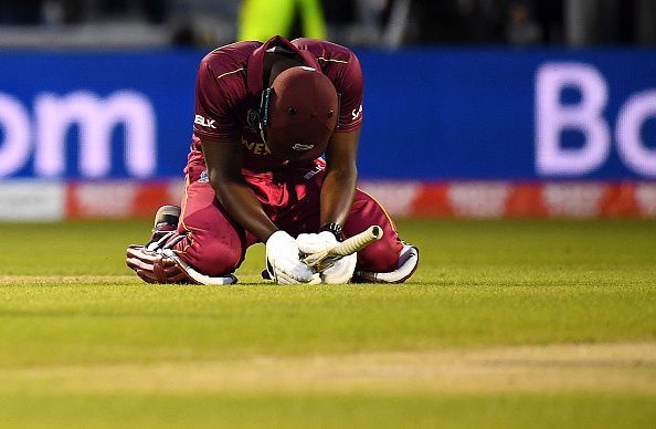 Carlos Brathwaite is distraught after his heroics failed to secure Windies a win.