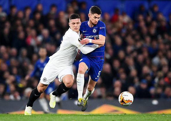 Jovic battles for the ball against Chelsea&#039;s Jorginho in the UEFA Europa League Semi Final : Second Leg