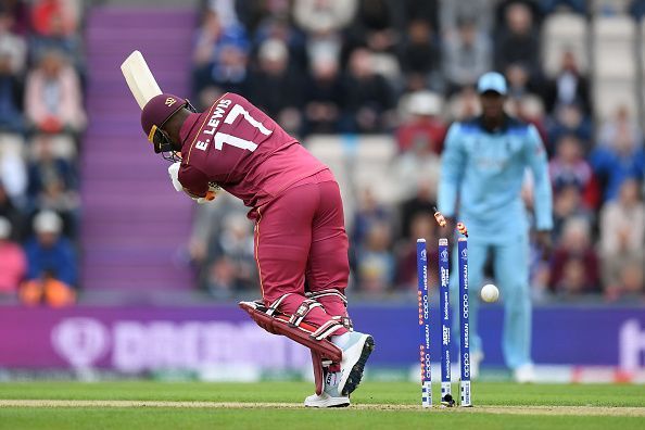 Evin Lewis is bowled by Chris Woakes