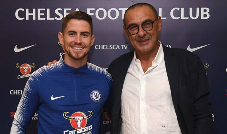 Jorginho and Sarri at the player&#039;s unveiling