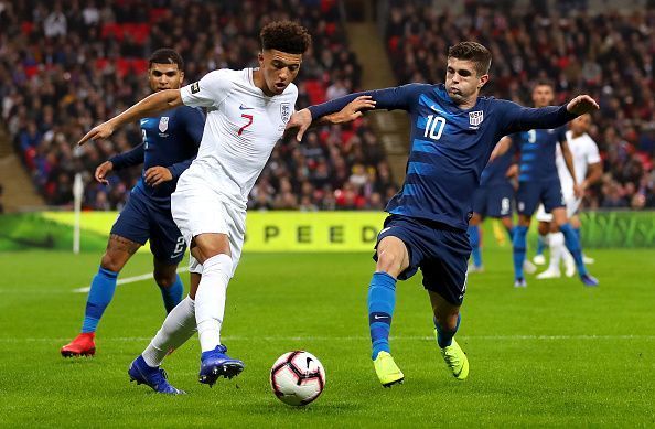 Sancho and Pulisic, club teammates, in action during England's friendly win over the United States