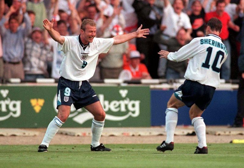 Goals from Alan Shearer and Teddy Sheringham gave England a famous win in their last competitive match against the Netherlands