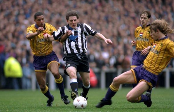 Peter Beardsley of Newcastle United and Des Walker of Sheffield Wednesday