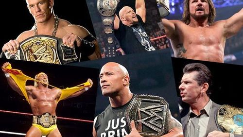 Top Row: John Cena, Stone Cold Steve Austin, AJ Styles. Bottom Row: Hulk Hogan, The Rock, Vince McMahon