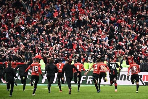 Stade Rennais celebrating their first trophy in 36 years last season