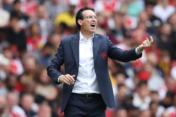 Unai Emery at the pre-season Emirates Cup game between Arsenal and Lyon