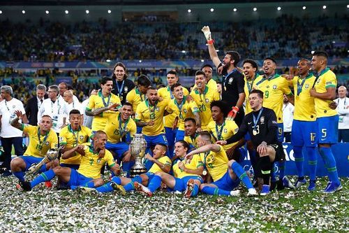 Brazil celebrate with the Copa America trophy.