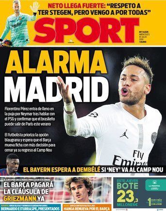 SPORT's front cover headlined Real Madrid's intentions of bringing in Neymar.