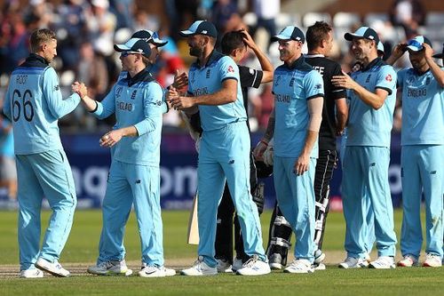 England cricketers celebrate a job well done.