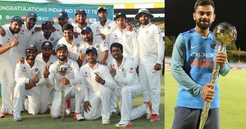 Virat Kohli holding the Test mace which is awarded to each and every new team which reaches the top spot in the ICC Rankings table