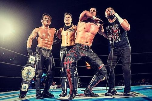 Robbie Eagles (second from left) with Taiji Ishimori, Jay White, and Gedo in Bullet Club