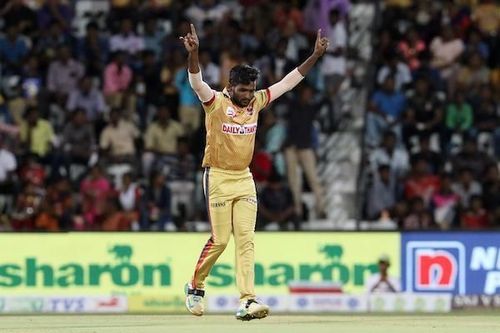 Periyasamy.G of Chepauk Super Gillies celebrates after picking two wickets by giving away 9 runs in his spell against theÂ iDream Karaikudi Kalai