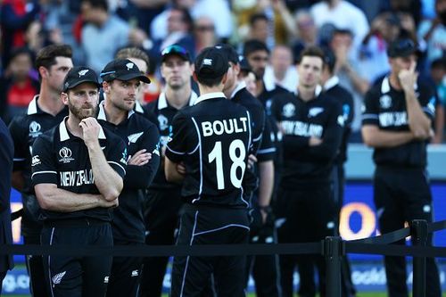 The New Zealand players appear a dejected bunch