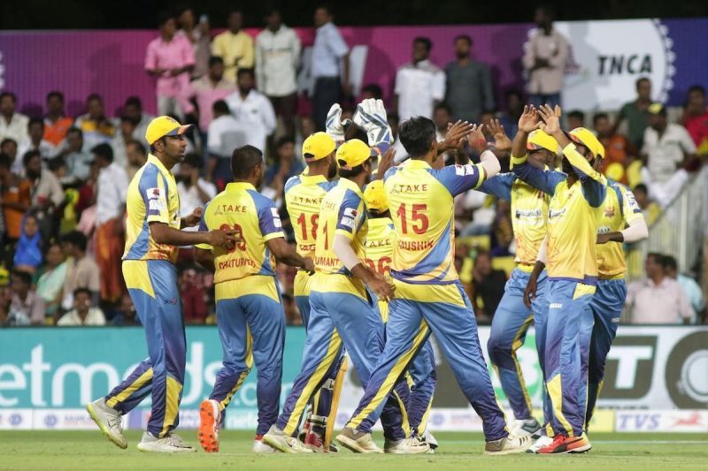 Dindigul Dragons celebrate the fall of a wicket